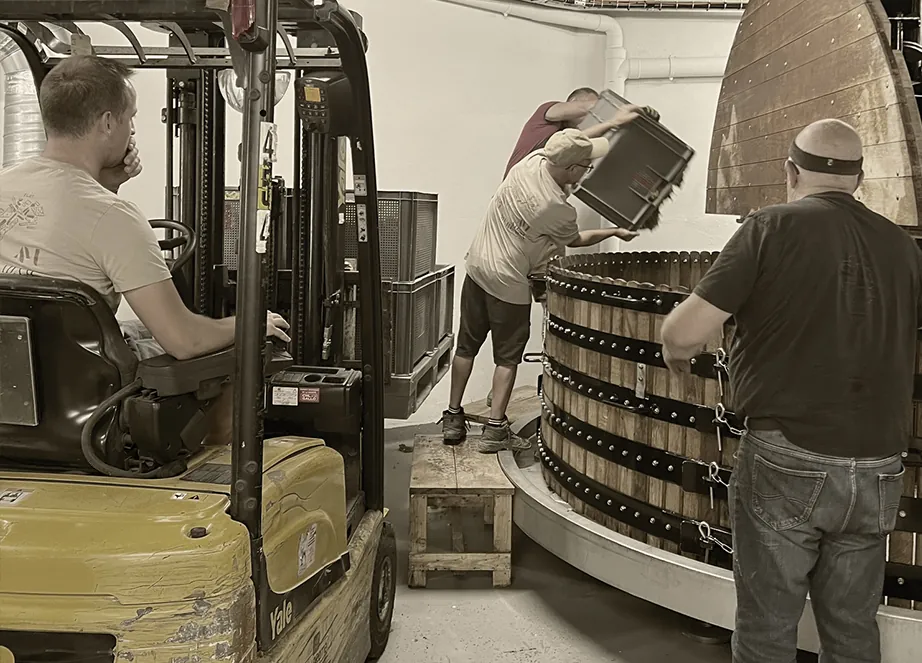 Travail autour du pressoir pendant les vendanges